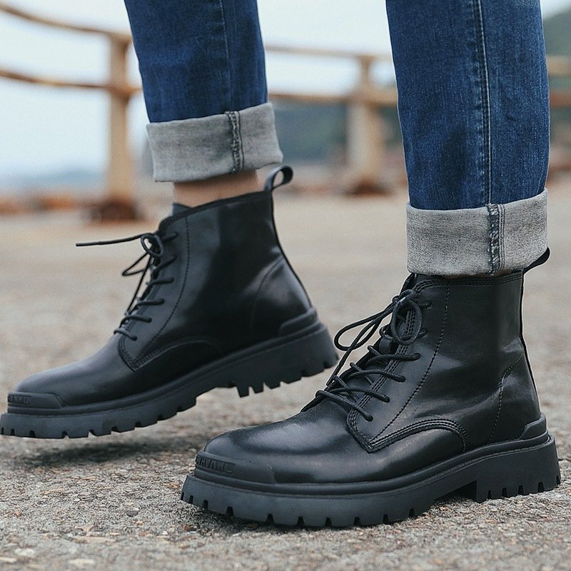 Black Martin boots men's leather mid-top locomotive leather boots high-top casual men's shoes British increased men's tooling trendy men's boots